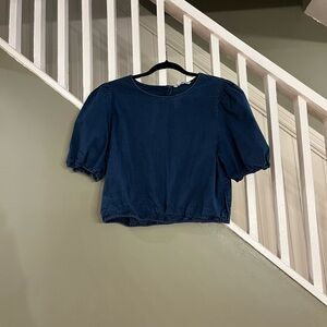 Women's Navy Blue Jean Puff Sleeve cropped shirt American Eagle
